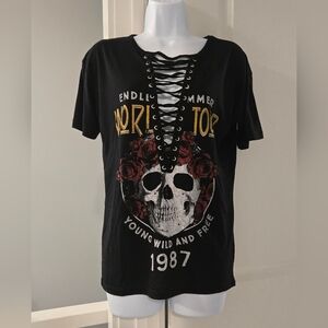 Urban Heritage Black Graphic Half Lace-Up T-shirt Top. Size S.